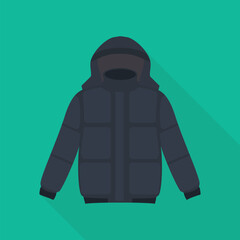 jacket icon in flat style with long shadow, isolated vector illustration on green transparent background. Winter clothing.