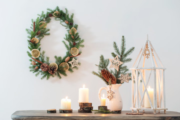 Christmas decoration on background white wall