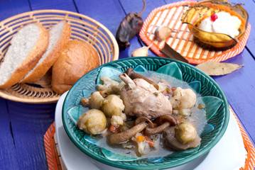Vegetable soup with chicken and mushrooms, Russian cuisine, top view