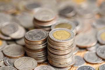Stack of thai coin (baht) ,selective focus