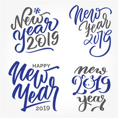 Happy New Year 2019 - Set of hand written lettering two colored text, calligraphy. 