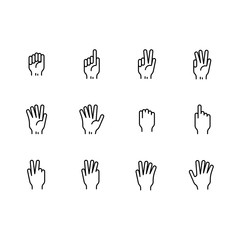 Simple set symbols hand and finge gesture line icon. Contains such icon hand palm, fist, index finger,thumb, victory gesture and other gestures.