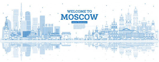 Outline Welcome to Moscow Russia Skyline with Blue Buildings and Reflections.