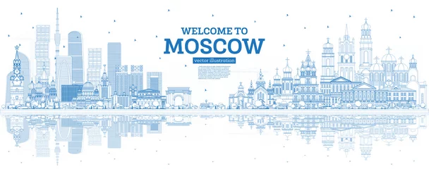 Foto op Canvas Outline Welcome to Moscow Russia Skyline with Blue Buildings and Reflections. © BooblGum