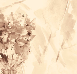 Watercolor bouquet of flowers, Beautiful abstract splash of paint, fashion illustration.Orchid flowers, poppy, cornflower, brown,sepia, peony, rose, field or garden flowers. Watercolor abstract
