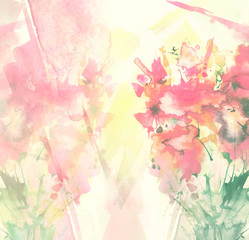 Watercolor bouquet of flowers, Beautiful abstract splash of paint, fashion illustration.Orchid flowers, poppy, cornflower, pink, red, peony, rose, field or garden flowers. Watercolor abstract. 