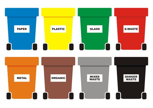 Group of waste cans, eight color containers for waste, vector icon
