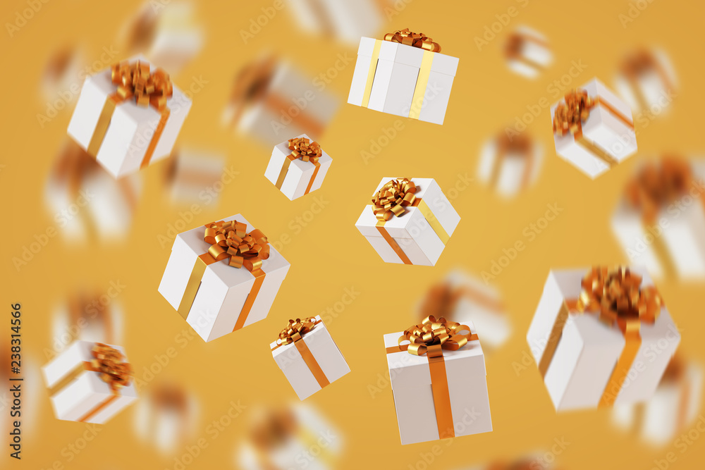 Wall mural background consisting of flying white gift boxes with yellow ribbon. 3d rendering