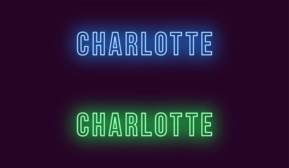 Neon name of Charlotte city in USA. Vector text