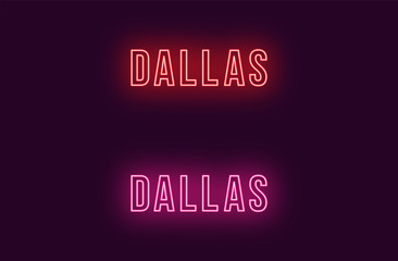 Neon name of Dallas city in USA. Vector text