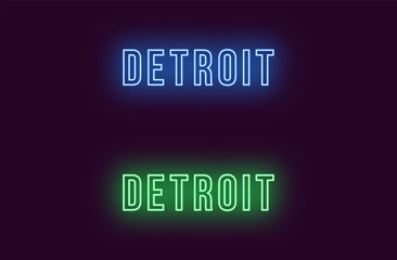 Neon name of Detroit city in USA. Vector text