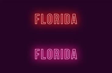 Neon name of Florida state in USA. Vector text