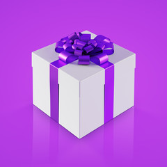 White gift box with purple ribbon. Concept of holidays. Side view. 3d rendering