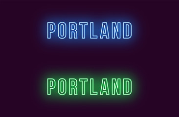 Neon name of Portland city in USA. Vector text