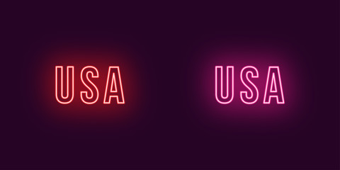Neon name of USA country. Vector text of USA