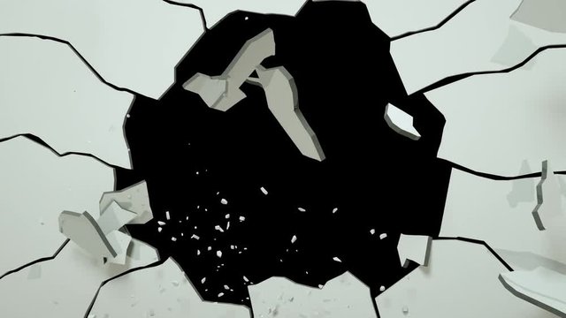 A bullet pierces the glass and shatters fly away. 3d render animation with alpha channel.