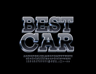 Naklejka premium Vector industrial logo Best Car with 3D metallic Font. Black and Silver Alphabet Letters, Numbers and Symbols.