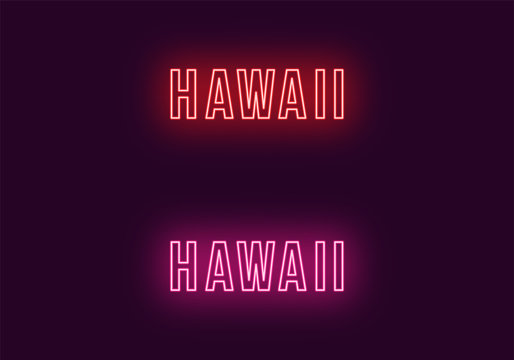 Neon name of Hawaii state in USA. Vector text