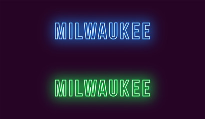 Neon name of Milwaukee city in USA. Vector text