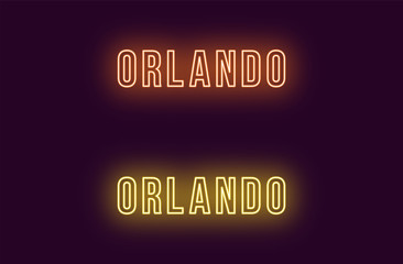 Neon name of Orlando city in USA. Vector text