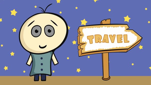 Character on stars and travel sign