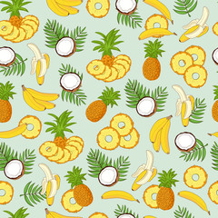 Banana, coconut, pineapple. Exotic fruits. Background, wallpaper, seamless. Sketch
