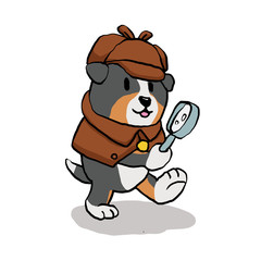 Detective dog looking through magnifying glass