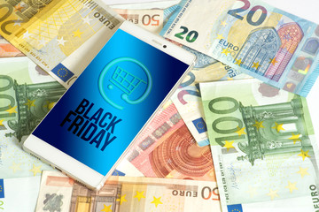 Euro Geldscheine, Smartphone und Sonderangebote beim Black Friday