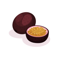 Whole and half of passion fruit. Delicious tropical fruit. Natural food. Detailed flat vector design