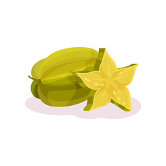 Whole and slice of ripe carambola. Juicy exotic fruit. Organic product. Healthy nutrition. Detailed flat vector design