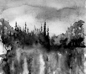 Watercolor landscape.Picture of a pine forest, a black silhouette of trees and bushes.black splash of paint.Abstract splash of paint, fashion illustration. night landscape, forest. Reflection of trees