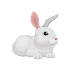 Little rabbit lying on floor. Lovely creature with white fur, long ears and short tail. Domestic animal. Flat vector icon