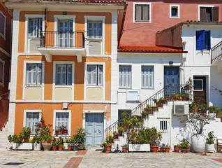 Old colorful buildings street Parga Greece 