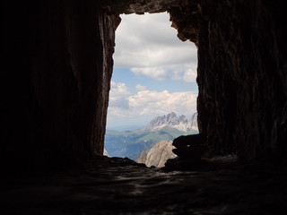 Marmolada, Italy. Panorama on the dolomites from the trenches of the First World War