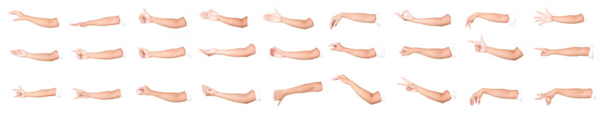 Multiple female caucasian hand gestures isolated over the white background, set of multiple images - obrazy, fototapety, plakaty