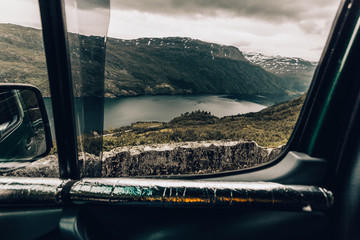 Fjord landscape, view from camper car window