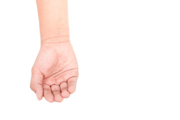 Child's hands holding/offering/giving something or asking/begging for something. ISOLATED ON WHITE BACKGROUND.