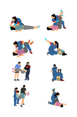 Fototapeta na wymiar Paramedic rescue patient first aid vector illustration. Woman in unconscious drowning. Drunk person overdose. Sneak attack victim rescue. CPR rescue team. Victim of fire evacuation. Earthquake rescue 