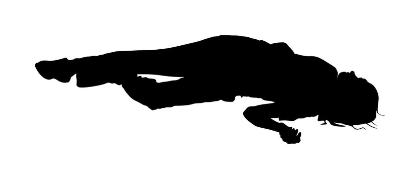 Dead girl lying on the sidewalk vector silhouette. Drunk girl unconscious after party. Patient women rescue. Drugged person overdose. Sick teenager. Injured lady after car crush accident. First aid.