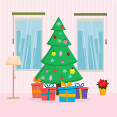 Christmas Home interior with tree, presents, window and lamp. Flat cartoon style vector illustration. Christmas and New Year cards