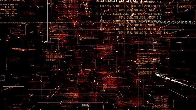 Futuristic abstract programming red digital code seamless flythrough. Scientific technology data binary network 3D animation. Connection, blockchain and internet concept. 4K loop, alpha channel