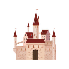 Obraz premium Castle, fortress, ancient, architecture middle ages Europe, Medieval palace with high towers and conical roofs, vector, banners, isolated, illustration, cartoon style