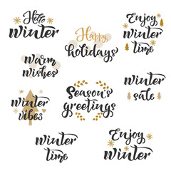 Winter season greetings Set text. Calligraphy, lettering design. Typography for postcards, posters, banners. Vector illustration