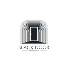 door gate logo for home entrance. minimal wood black house doorway or real estate business. architecture or urban city skyline. Linear creative monochrome monogram outline symbol. Vector Illustration.