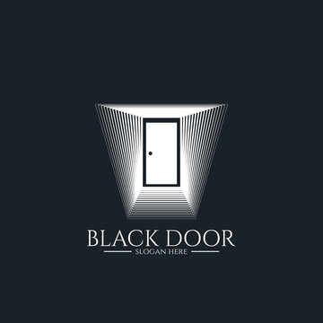 Door Gate Logo For Home Entrance. Minimal Wood Black House Doorway Or Real Estate Business. Architecture Or Urban City Skyline. Linear Creative Monochrome Monogram Outline Symbol. Vector Illustration.