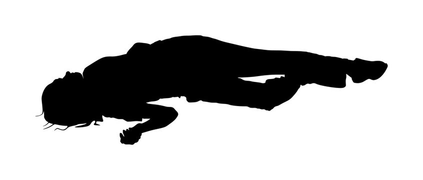 Dead girl lying on the sidewalk vector silhouette. Drunk girl unconscious after party. Patient women rescue. Drugged person overdose. Sick teenager. Injured lady after car crush accident. First aid.
