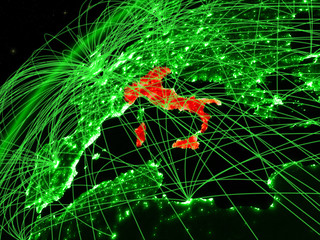 Italy on model of green planet Earth with international networks. Concept of green communication and technology.