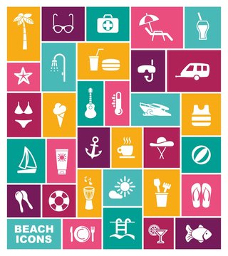 Beach icons. Vector illustration in flat style