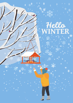 Hello Winter, snow landscape, bird feeder with feed, birds, boy stand near a tree covered with snow, vector, illustration, isolated, banner, poster, card, cover for books, magazines, publications