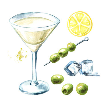 Martini with olives set, watercolor hand drawn illustration isolated on white background